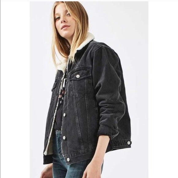 Topshop Moto Sherpa Black Denim Jacket - Picture 1 of 5